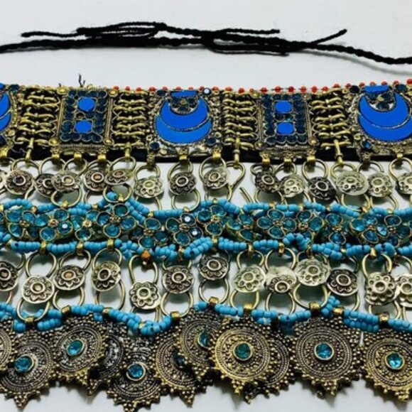 Turquoise Choker Necklace, Tribal Kuchi Afghan Choker With Turquoise Glass Stone - Picture 8 of 12